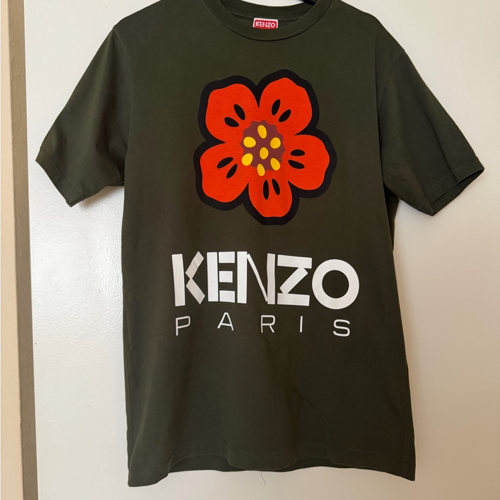 Kenzo Olive Green Tee with Bold Red Flower and White Logo